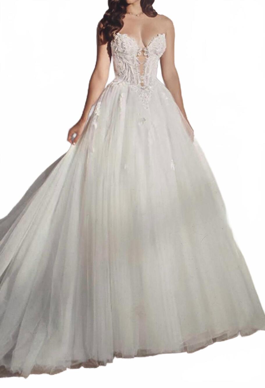 NEW MON CHERI ridley plunging illusion sweetheart neckline gown in white